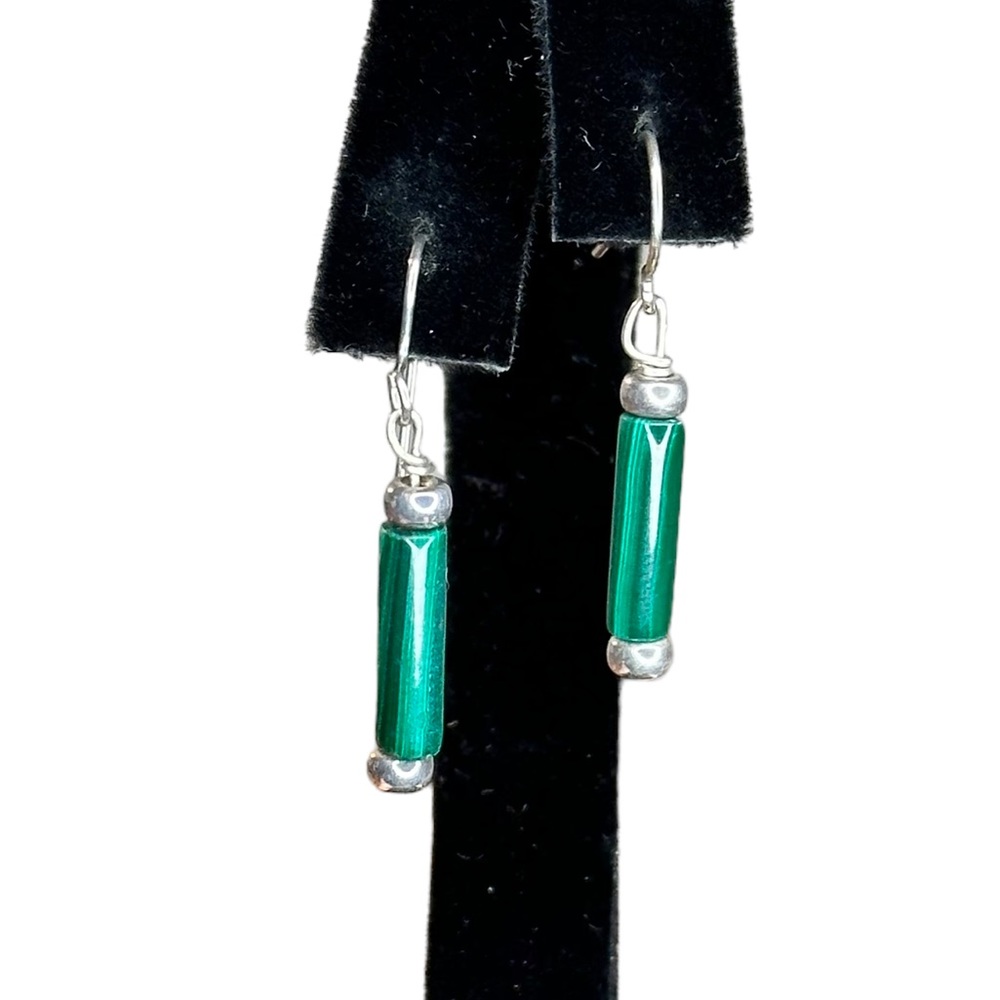 Vintage 925 Sterling Silver Malachite Stone Pierced Dangle Earrings